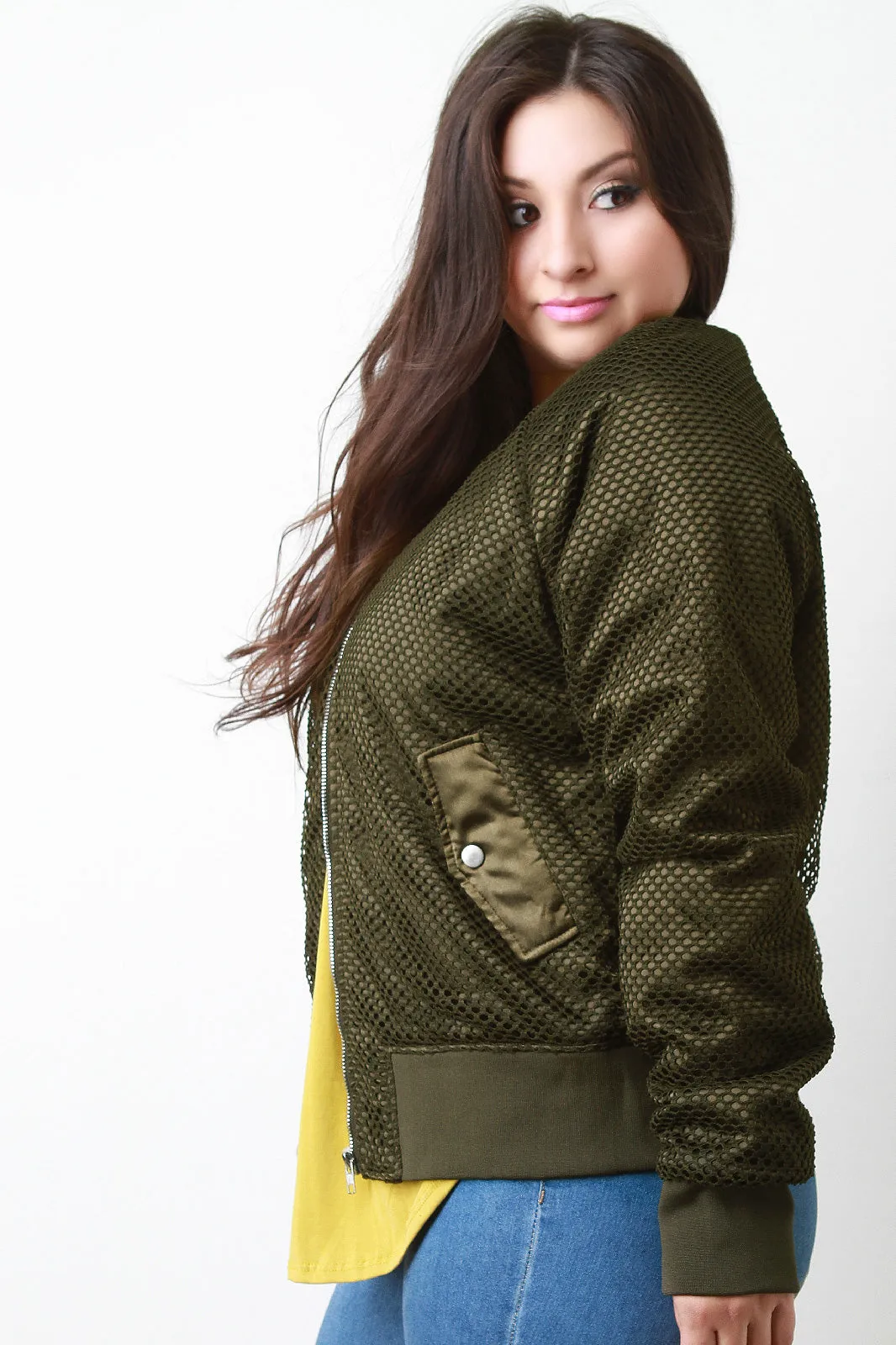 Fishnet Mesh Pocketed Zip-Up Bomber Jacket