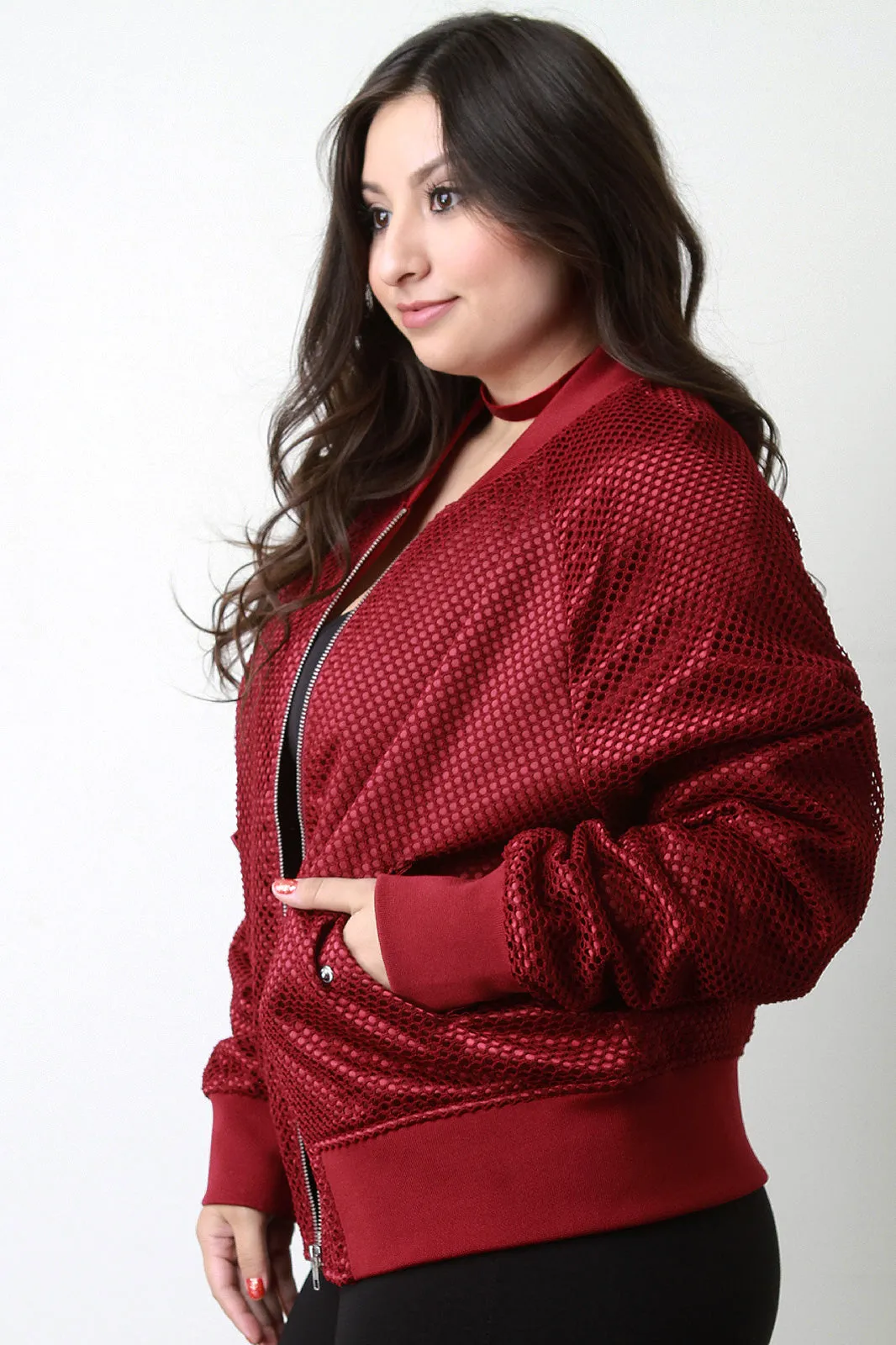 Fishnet Mesh Pocketed Zip-Up Bomber Jacket