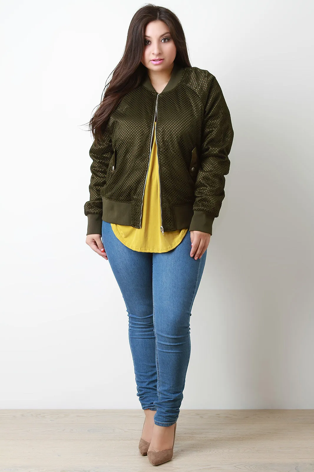 Fishnet Mesh Pocketed Zip-Up Bomber Jacket