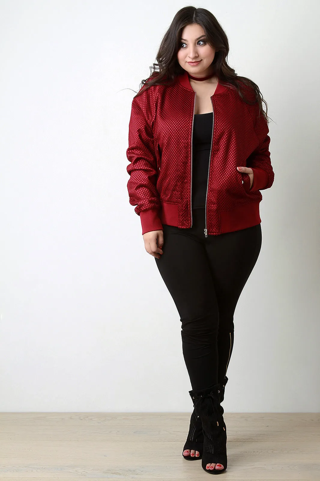 Fishnet Mesh Pocketed Zip-Up Bomber Jacket