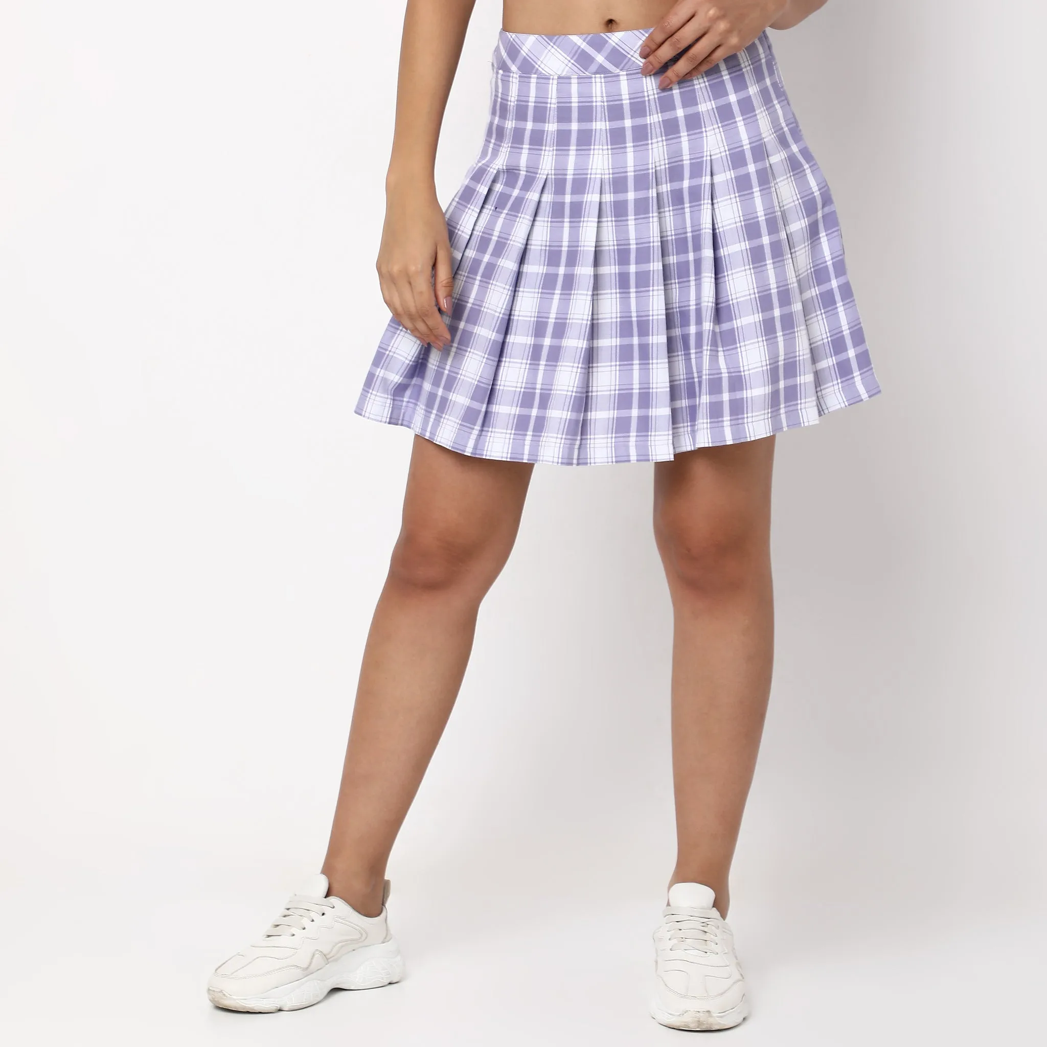 Flare Fit Checkered Mid Rise Skirt