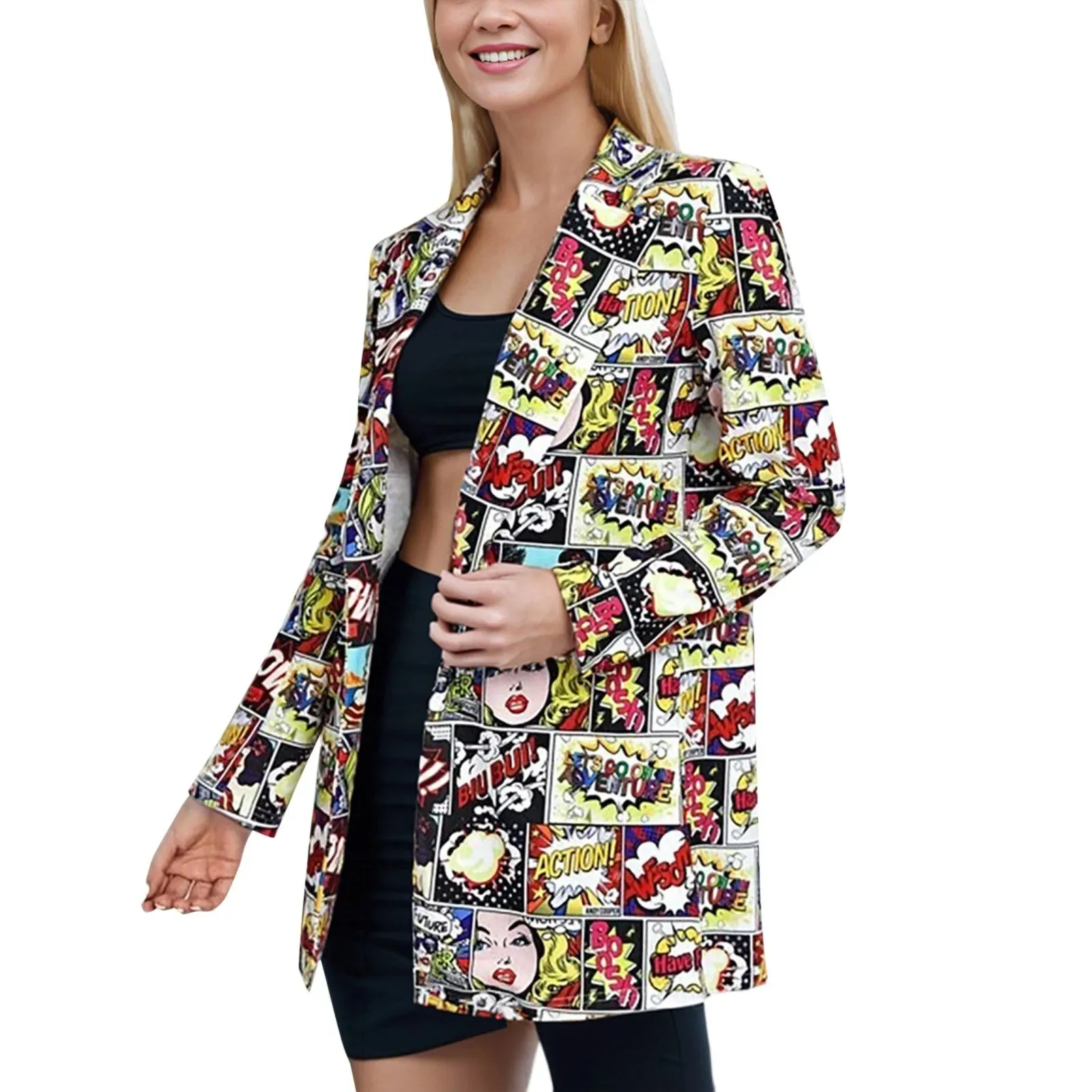 Graphic Print Open Front Long Sleeve Lapel Jacket