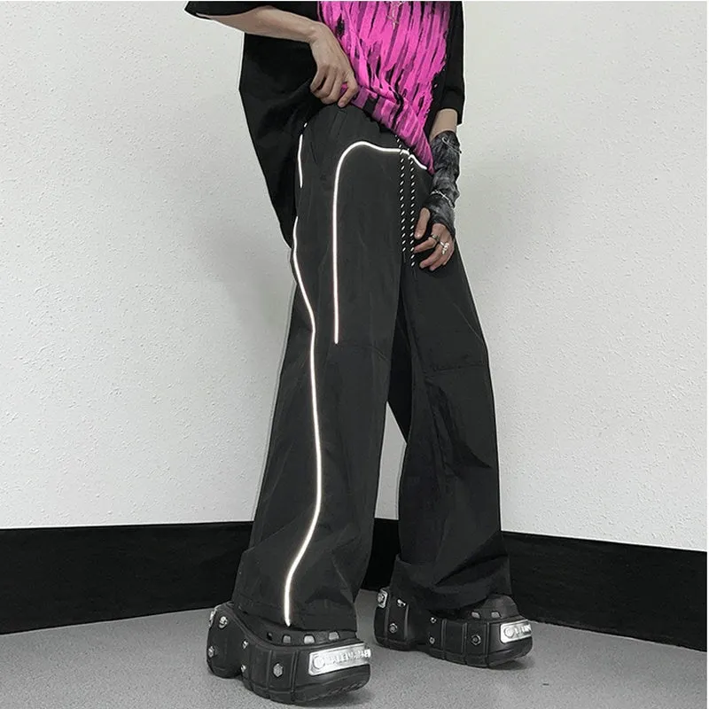 Harajuku Y2k Sweatpants Men Women Joggers Oversize Streetwear Wide Leg Pants Men Casual Reflective Striped Trousers