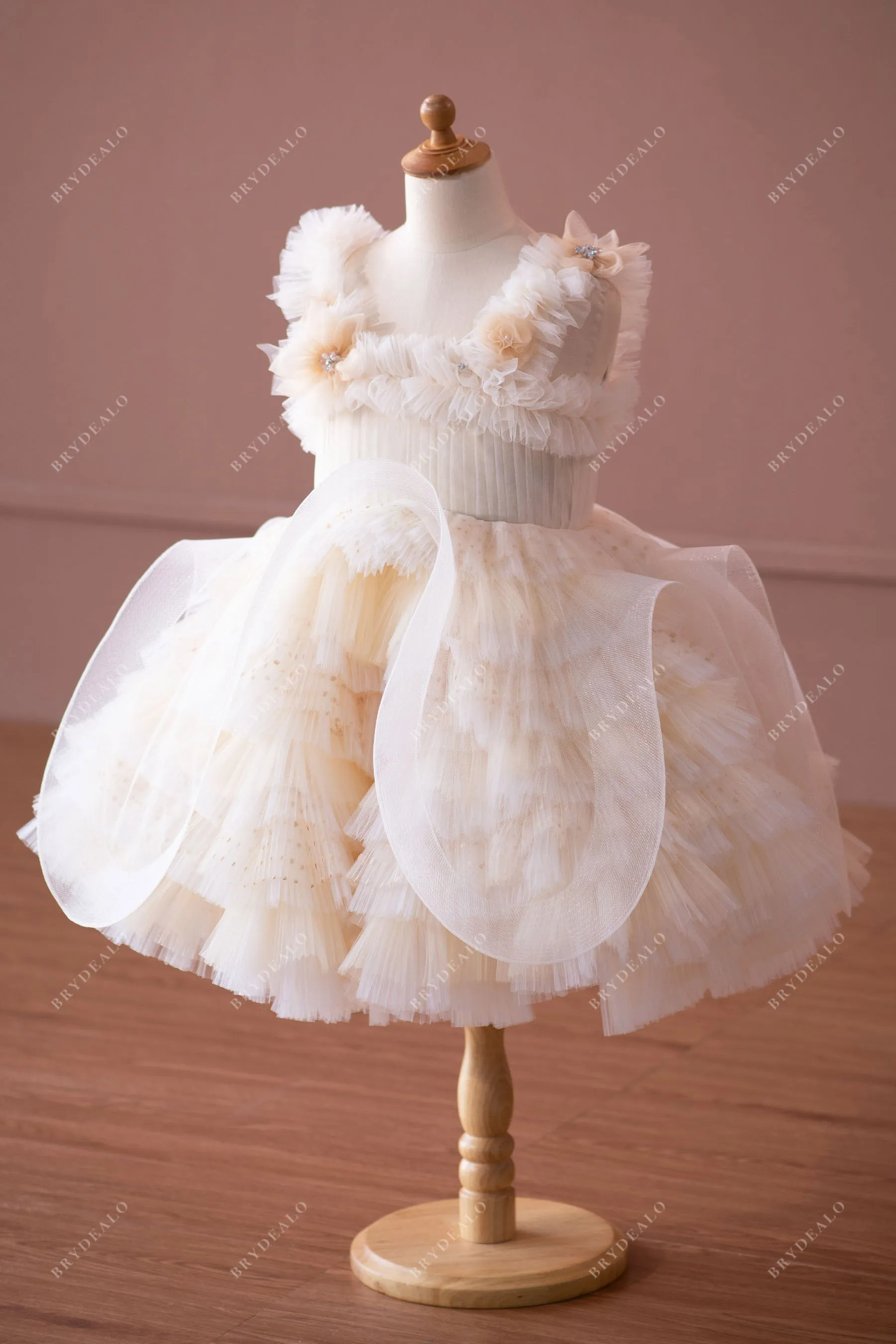 Haute Couture Flowers Designer Ruffled Tulle Knee Length Kids Formal Wear