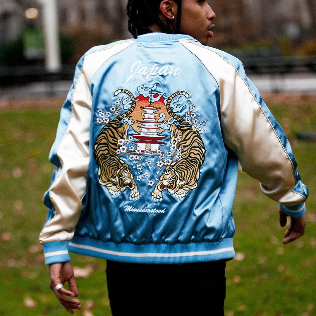 Japanese Tiger Satin Blue & Rose Gold Embroidery Souvenir Jacket