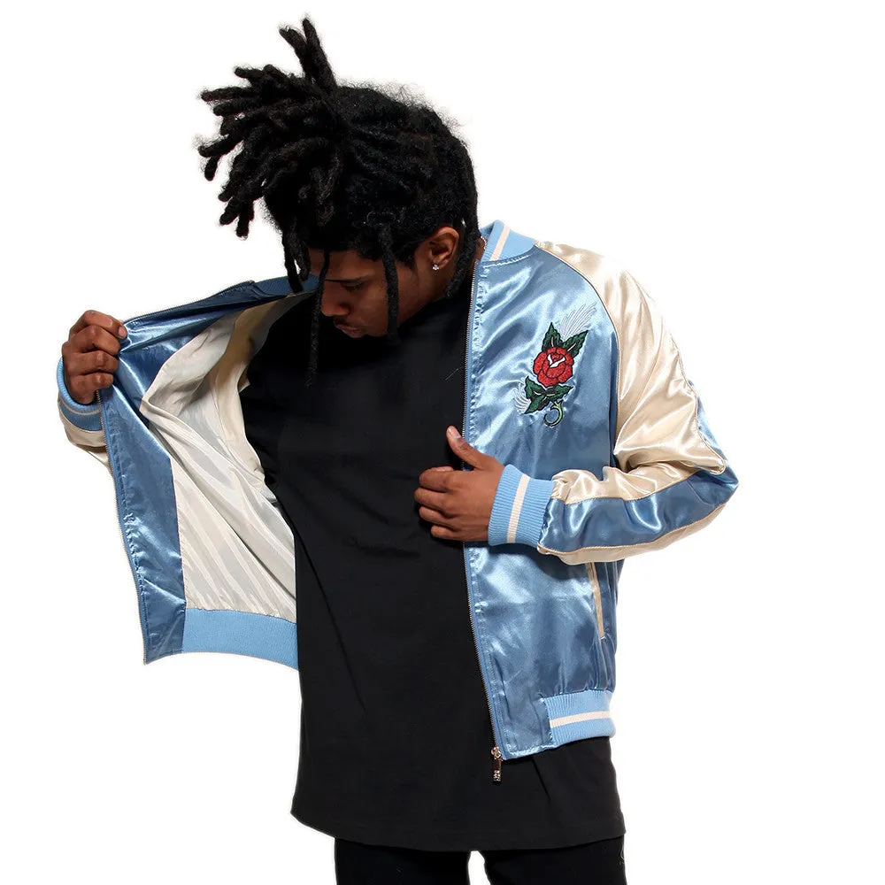 Japanese Tiger Satin Blue & Rose Gold Embroidery Souvenir Jacket