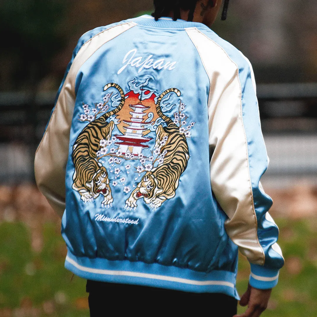 Japanese Tiger Satin Blue & Rose Gold Embroidery Souvenir Jacket