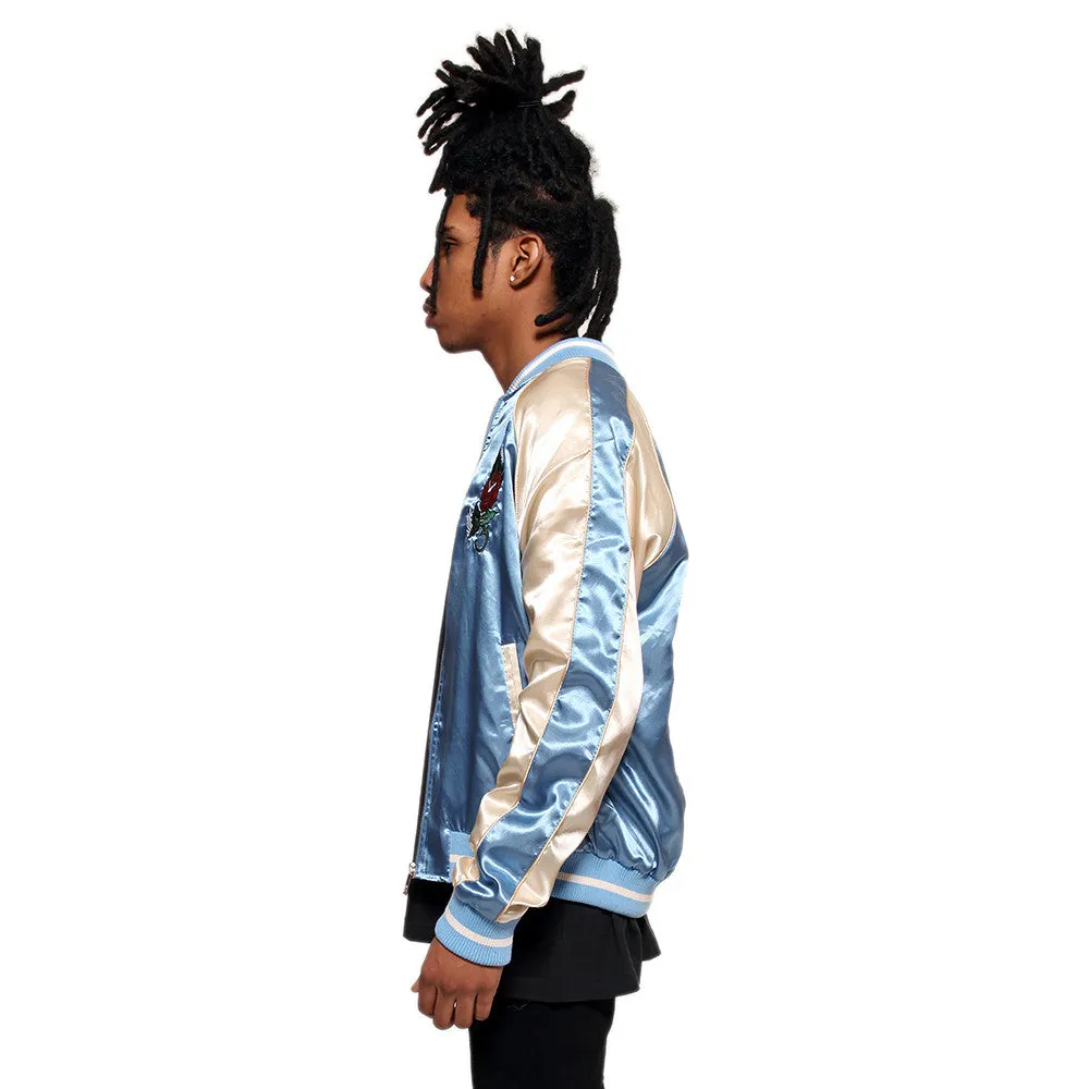 Japanese Tiger Satin Blue & Rose Gold Embroidery Souvenir Jacket