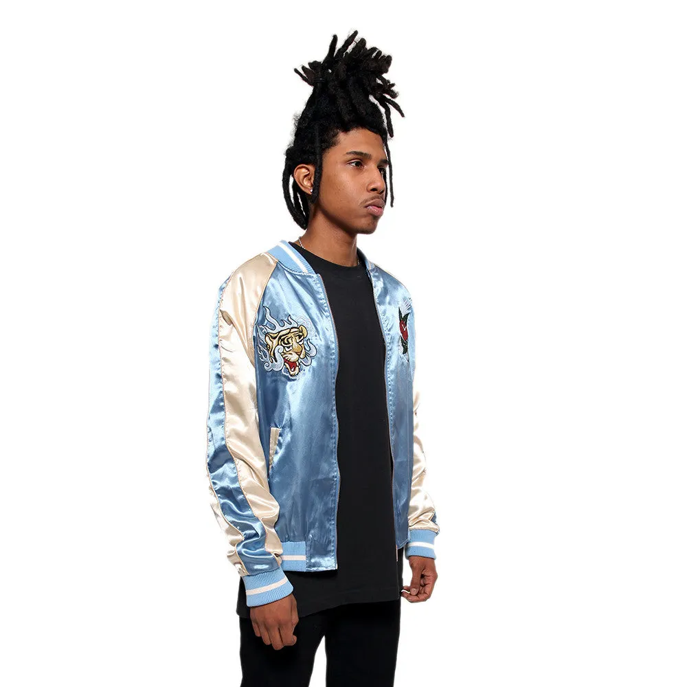 Japanese Tiger Satin Blue & Rose Gold Embroidery Souvenir Jacket