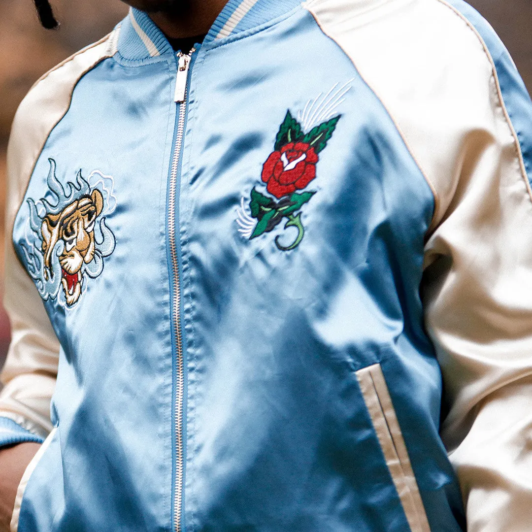 Japanese Tiger Satin Blue & Rose Gold Embroidery Souvenir Jacket