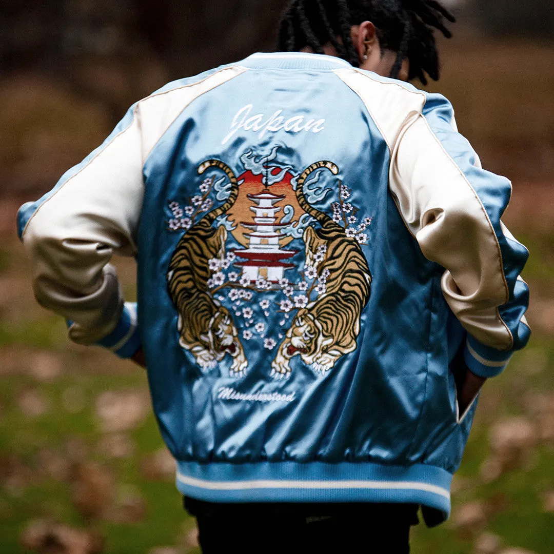 Japanese Tiger Satin Blue & Rose Gold Embroidery Souvenir Jacket
