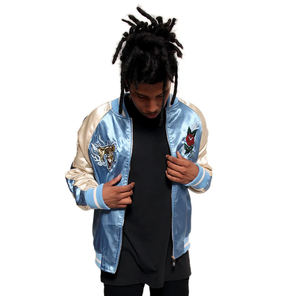 Japanese Tiger Satin Blue & Rose Gold Embroidery Souvenir Jacket