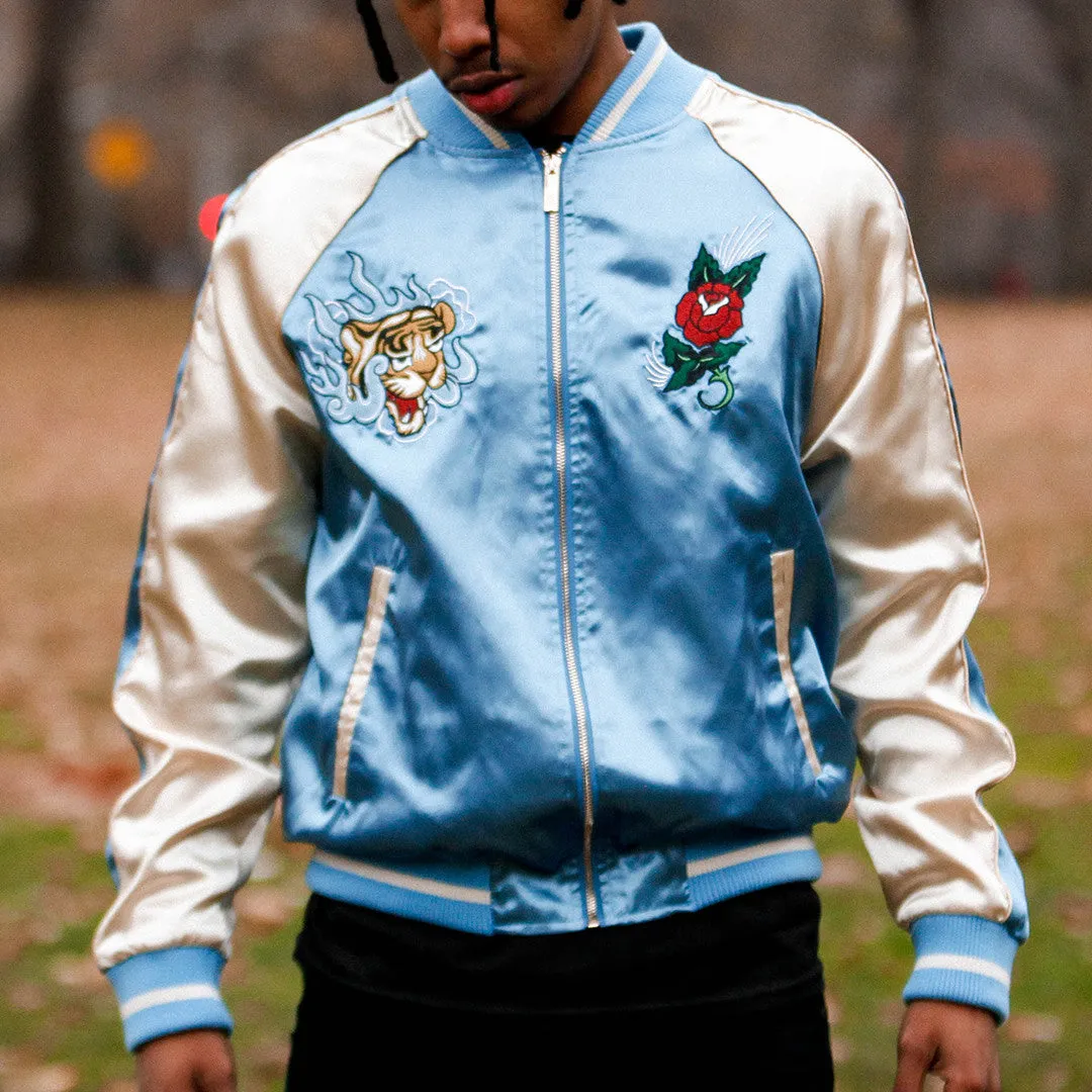 Japanese Tiger Satin Blue & Rose Gold Embroidery Souvenir Jacket