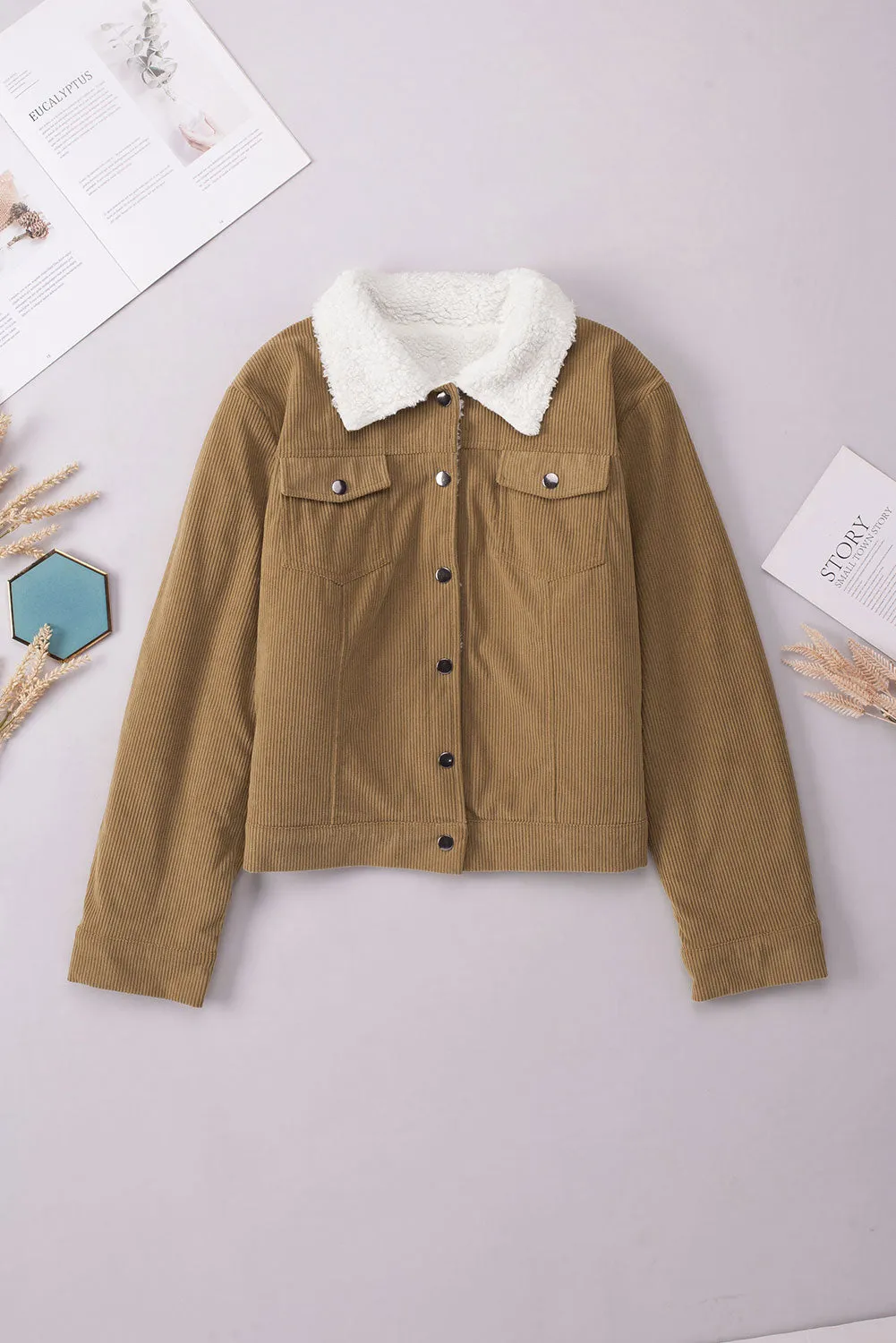 Khaki Corduroy Sherpa Snap Button Flap Jacket