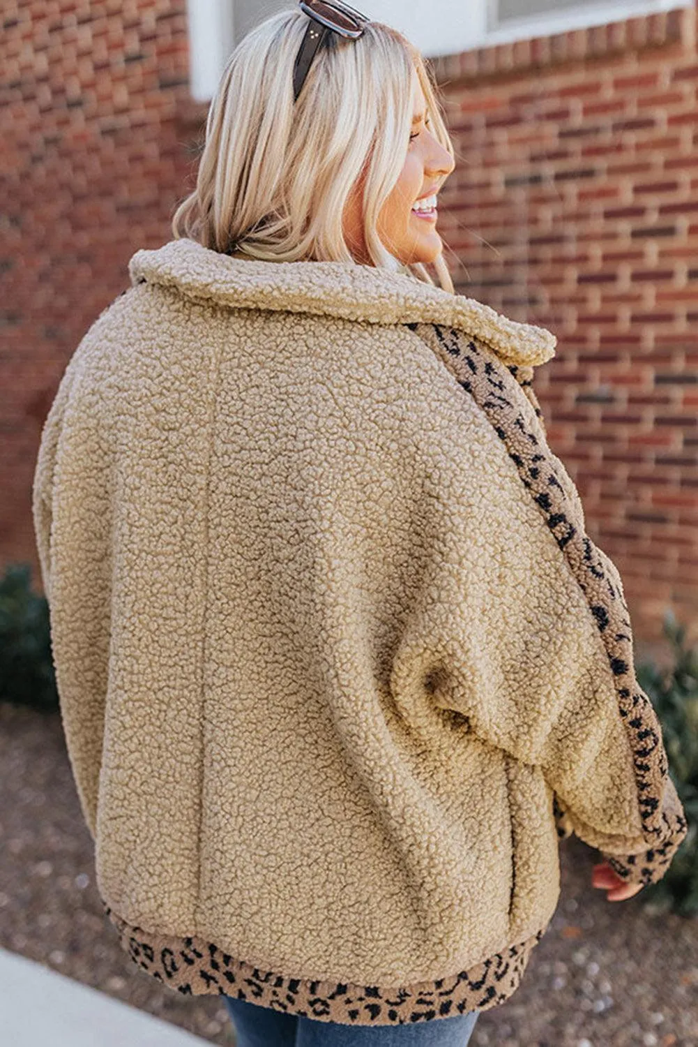 Khaki Plus Size Leopard Trim Button up Sherpa Jacket
