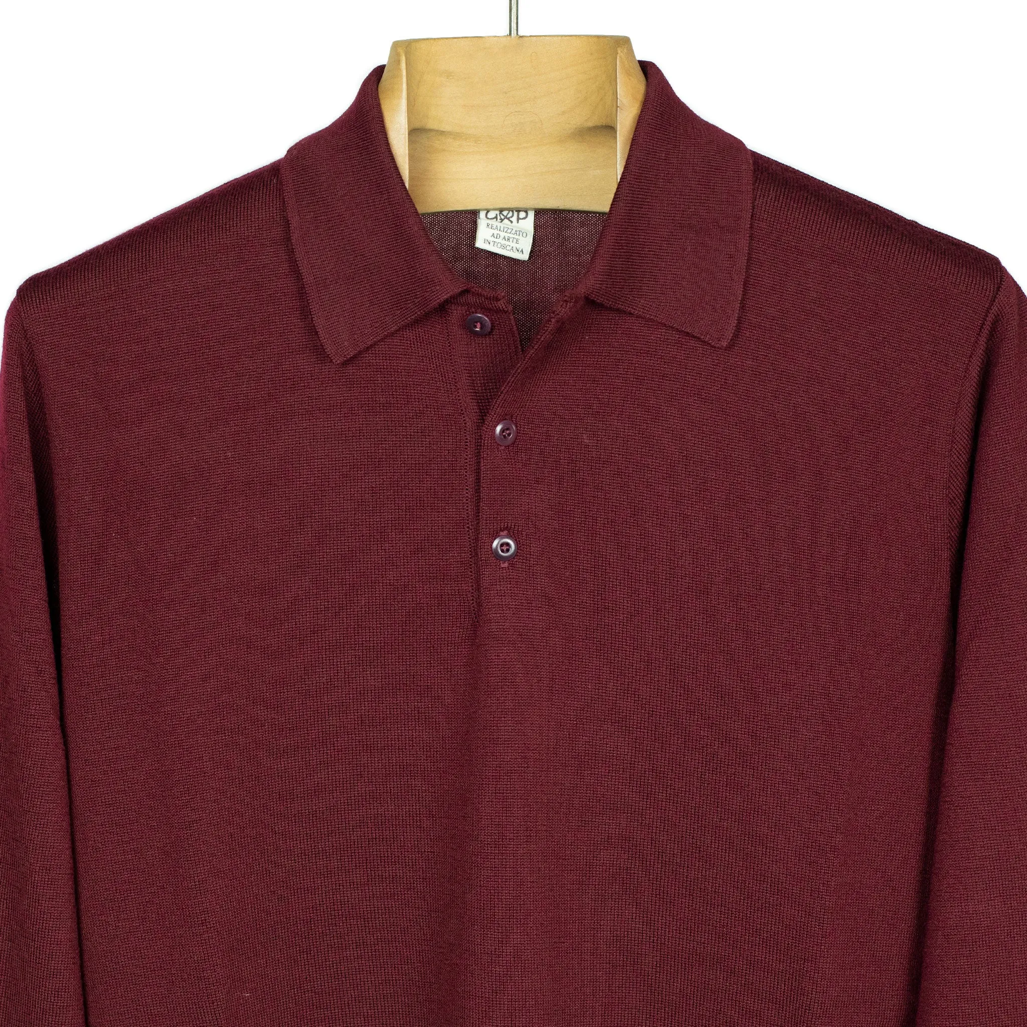 Knit long sleeve polo in burgundy red merino wool (restock)