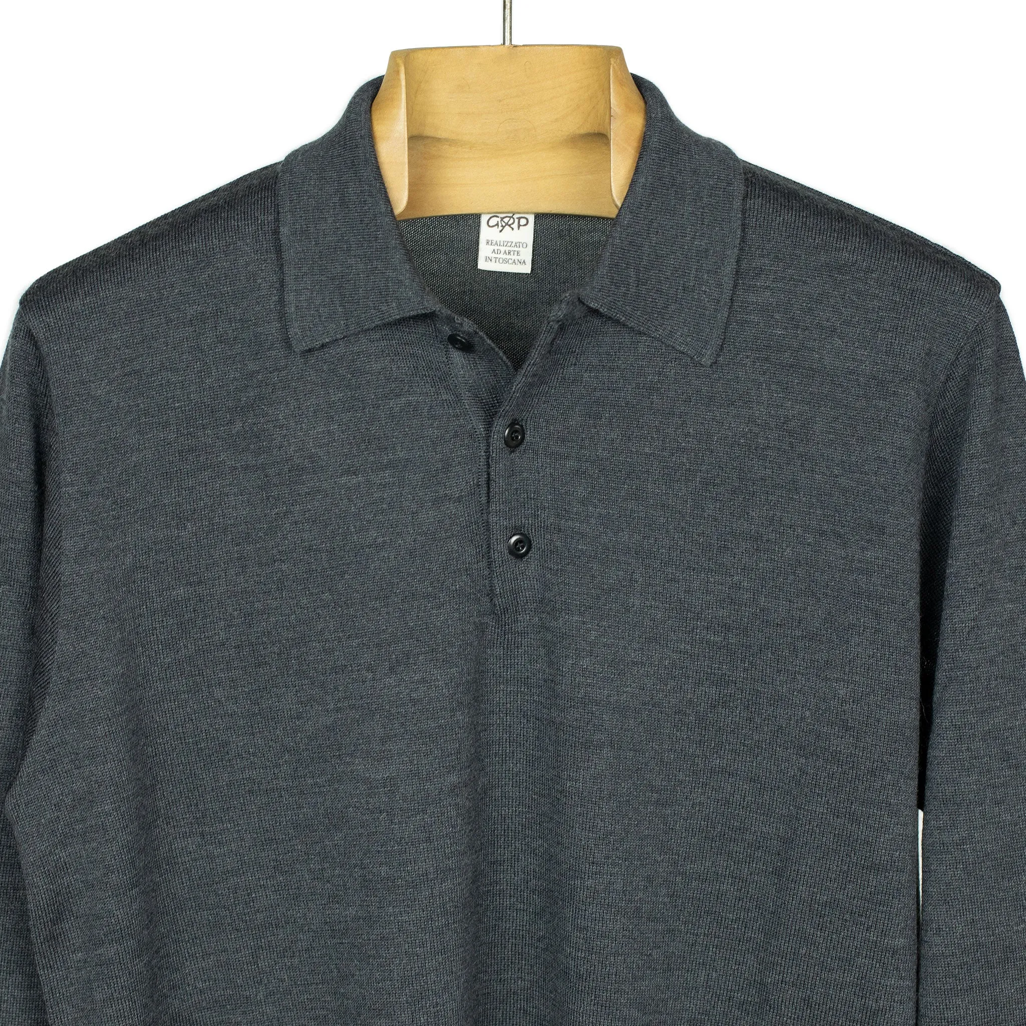 Knit long sleeve polo in Charcoal grey merino wool (restock)