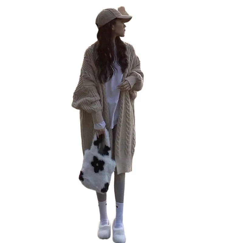 Lanfubeisi datenight fall outfits Retro Lazy Style Twist Sweater Coat for Women Autumn and Winter Loose Thickened Knitted Cardigan Top