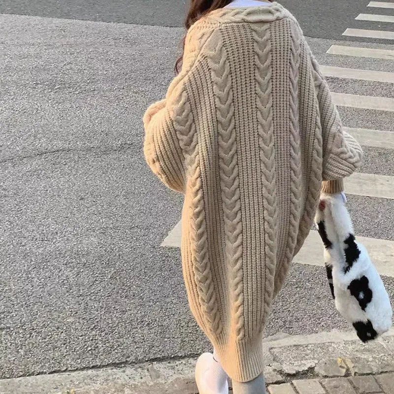 Lanfubeisi datenight fall outfits Retro Lazy Style Twist Sweater Coat for Women Autumn and Winter Loose Thickened Knitted Cardigan Top