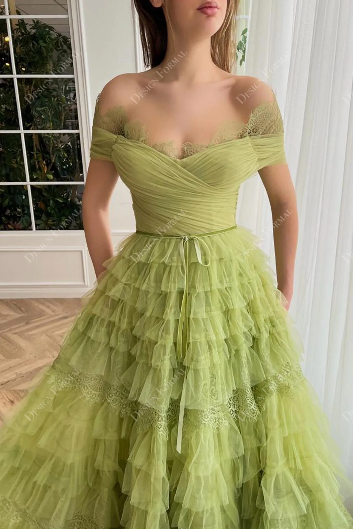Lime Green Off-shoulder Luxury Pleated Tulle Custom Princess Gown