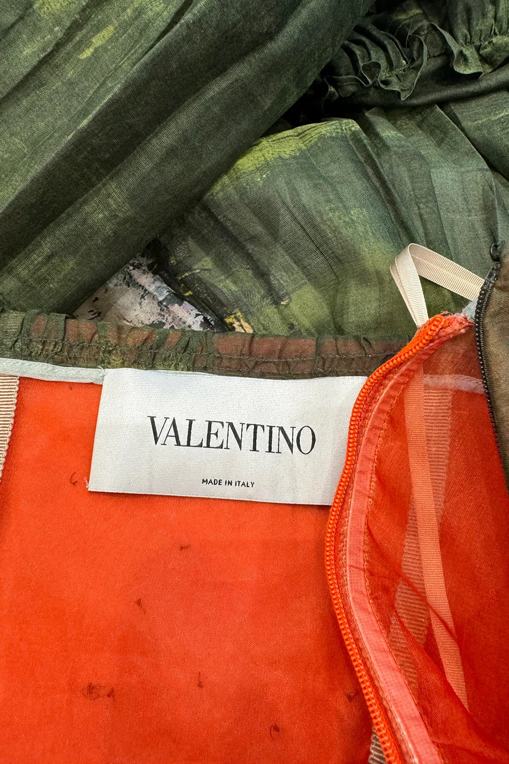 Magical Fall 2019 Valentino Strapless Pleated Green Cotton Dress w Painted Floral Detailing