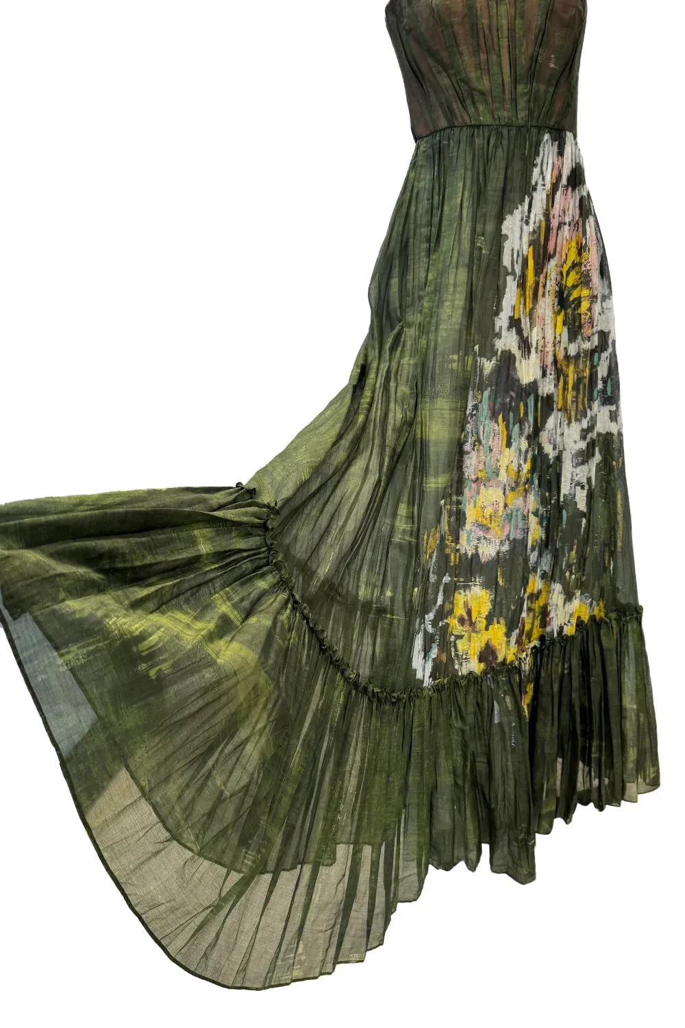 Magical Fall 2019 Valentino Strapless Pleated Green Cotton Dress w Painted Floral Detailing