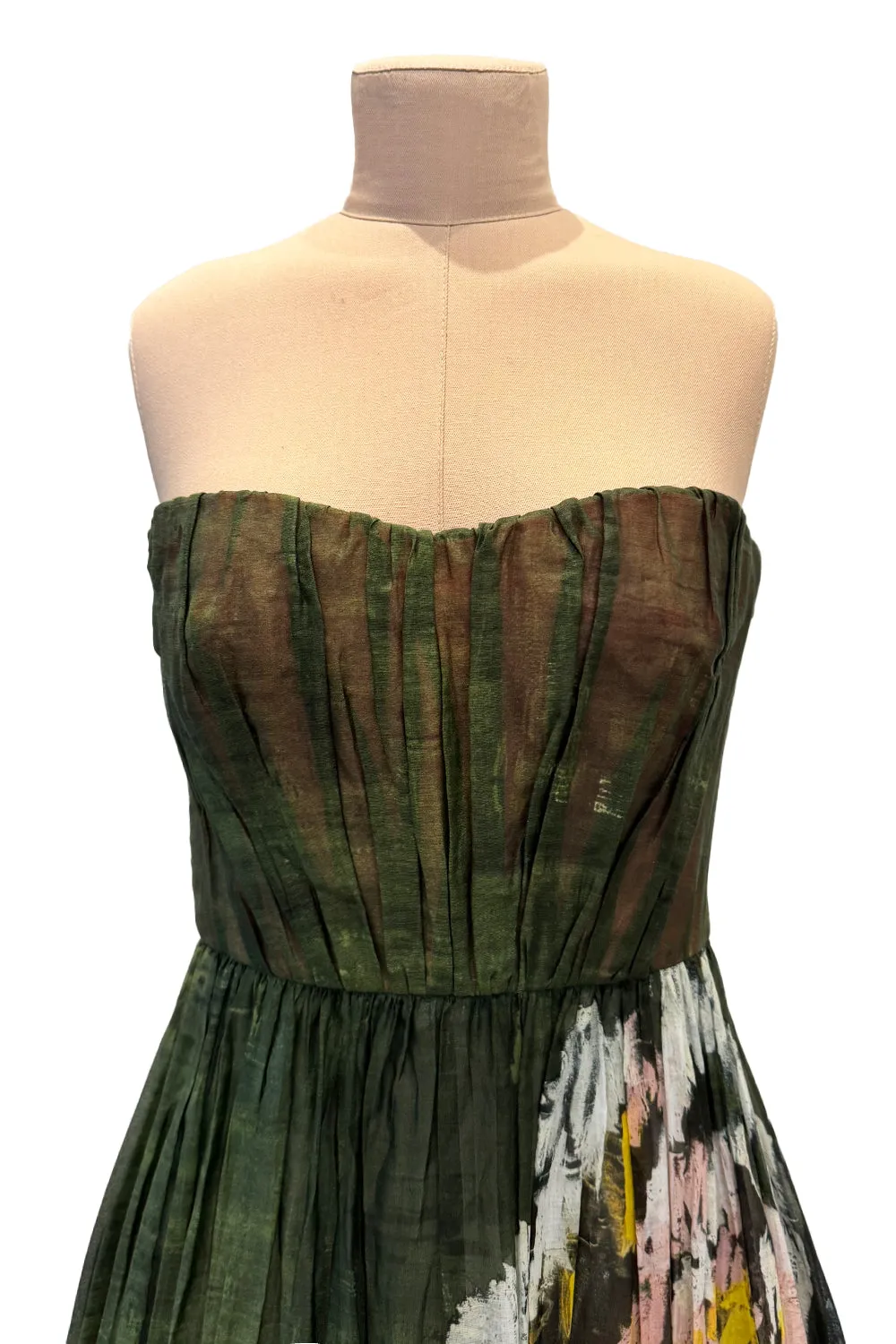 Magical Fall 2019 Valentino Strapless Pleated Green Cotton Dress w Painted Floral Detailing