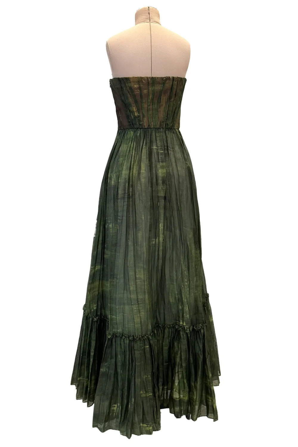 Magical Fall 2019 Valentino Strapless Pleated Green Cotton Dress w Painted Floral Detailing