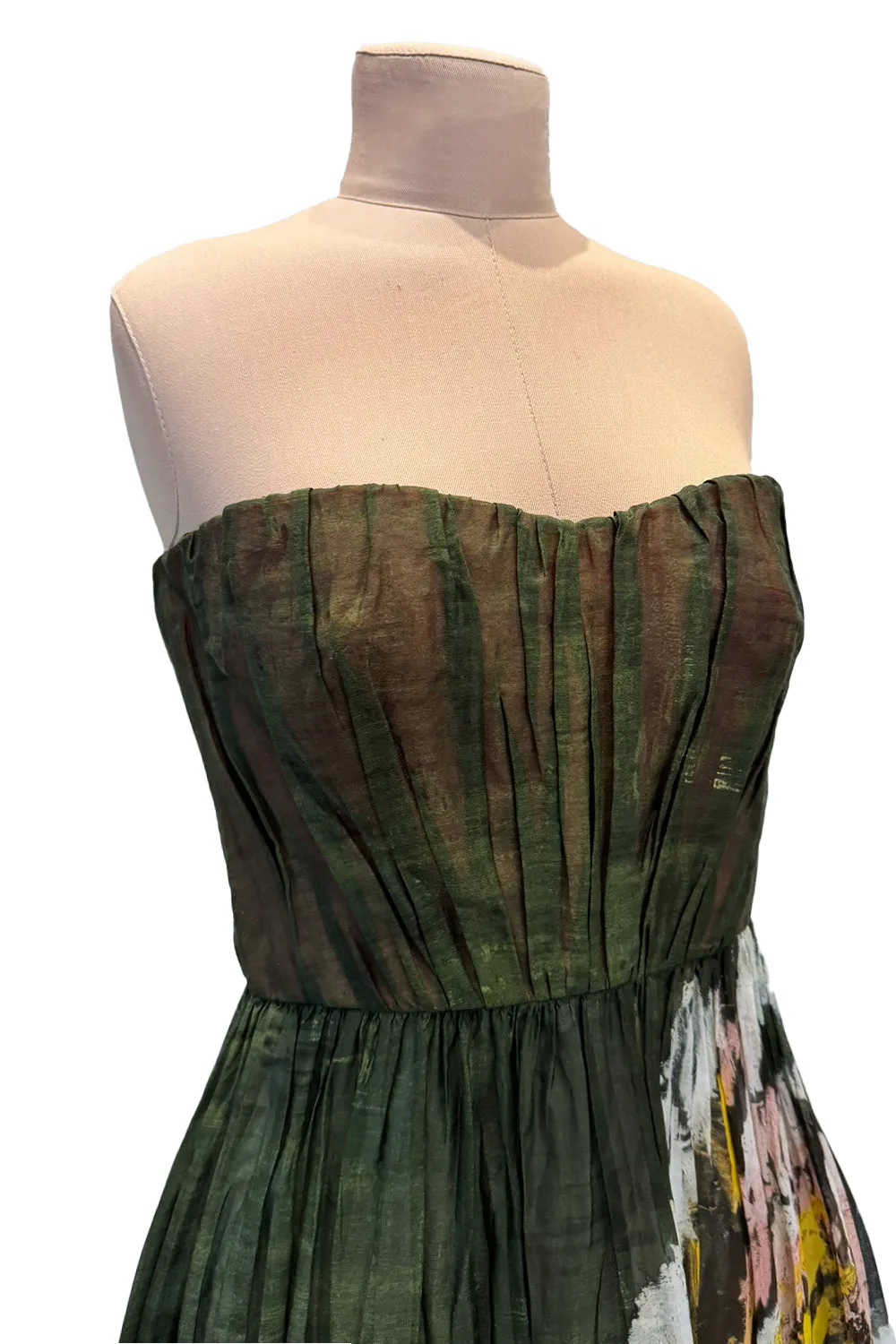 Magical Fall 2019 Valentino Strapless Pleated Green Cotton Dress w Painted Floral Detailing