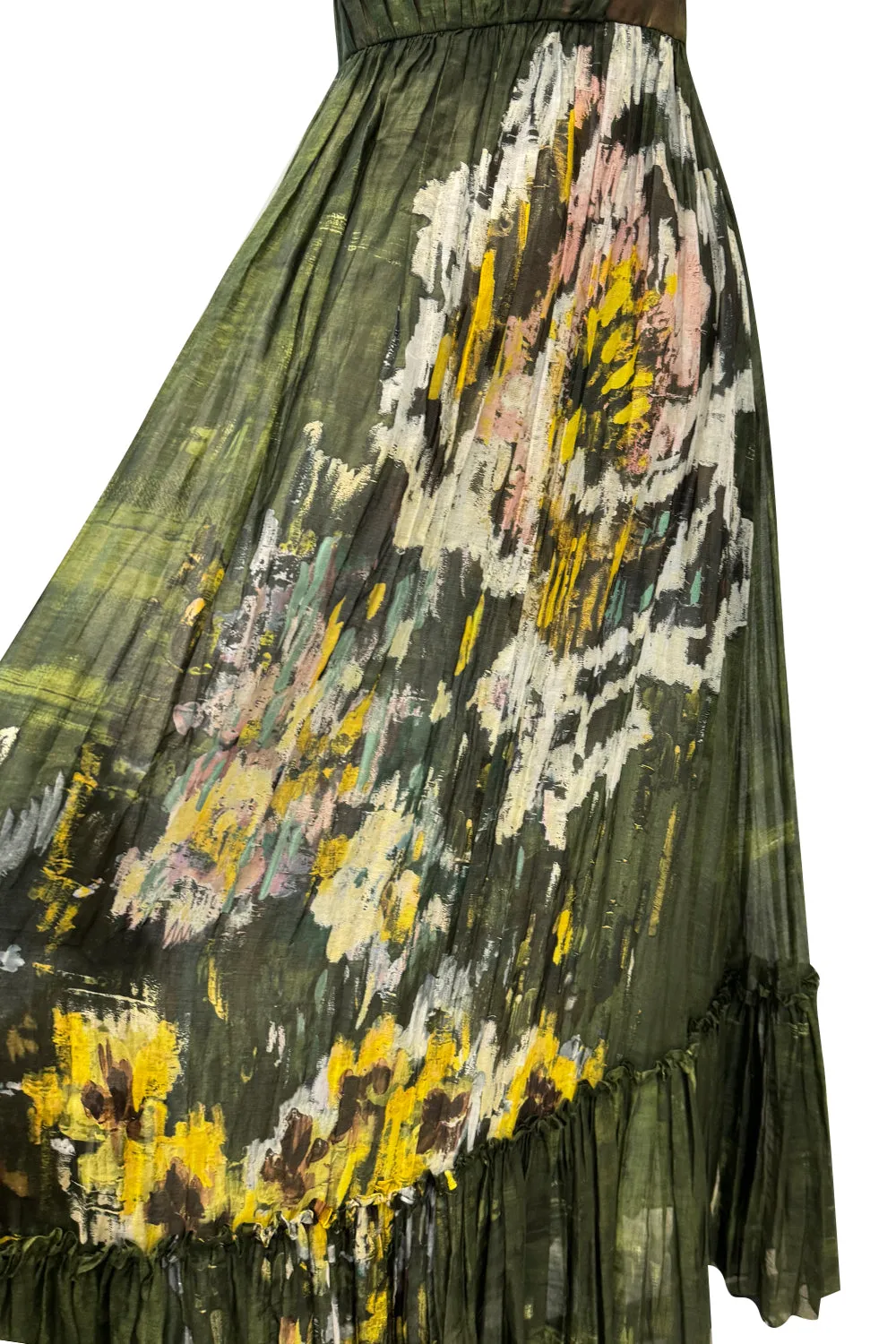 Magical Fall 2019 Valentino Strapless Pleated Green Cotton Dress w Painted Floral Detailing