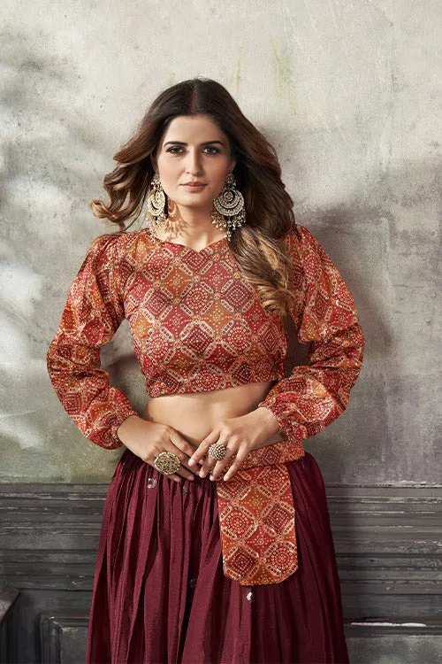 Maroon Art Silk Thread With Sequins Embroidered Crop-Top Skirt