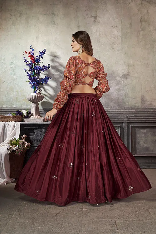 Maroon Art Silk Thread With Sequins Embroidered Crop-Top Skirt