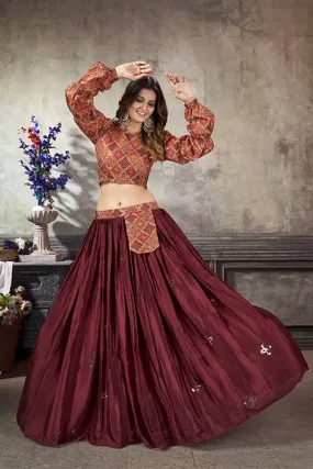 Maroon Art Silk Thread With Sequins Embroidered Crop-Top Skirt