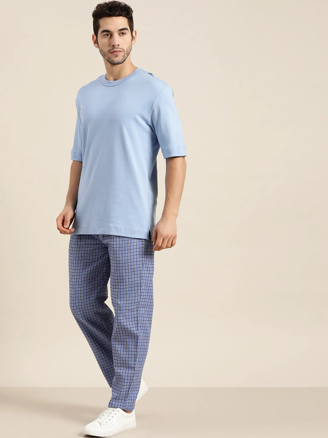 Men's Cotton Blue & Black Checked Track Pant - Sojanya