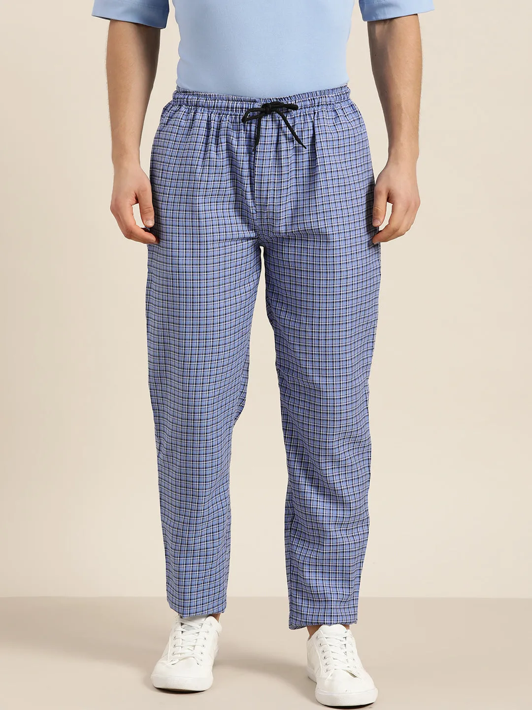 Men's Cotton Blue & Black Checked Track Pant - Sojanya