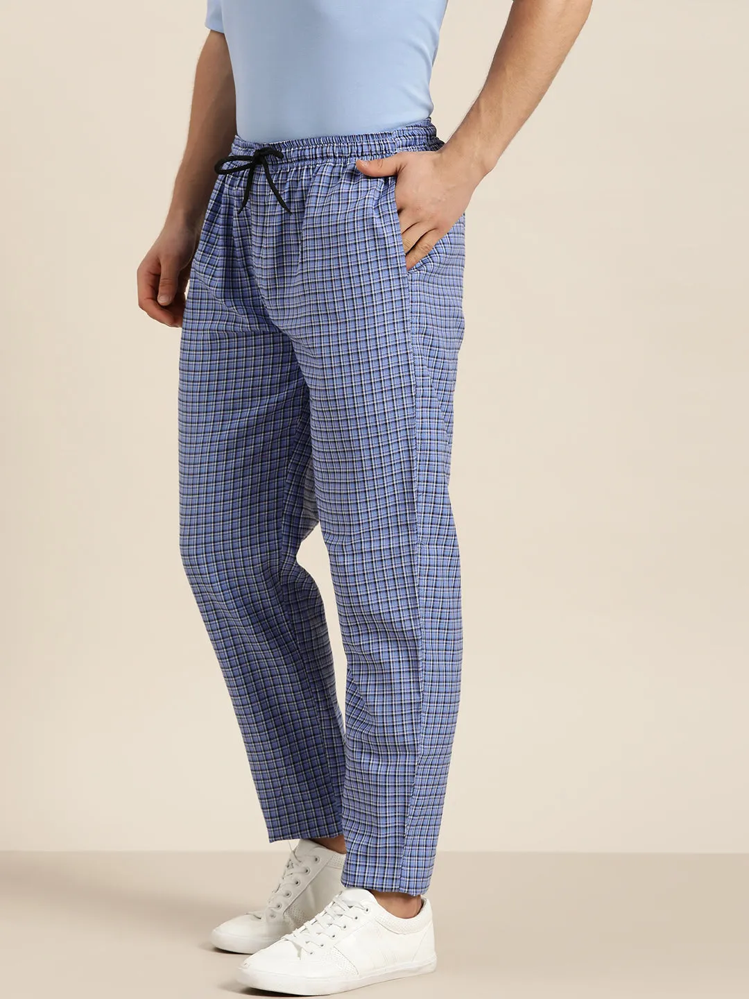 Men's Cotton Blue & Black Checked Track Pant - Sojanya