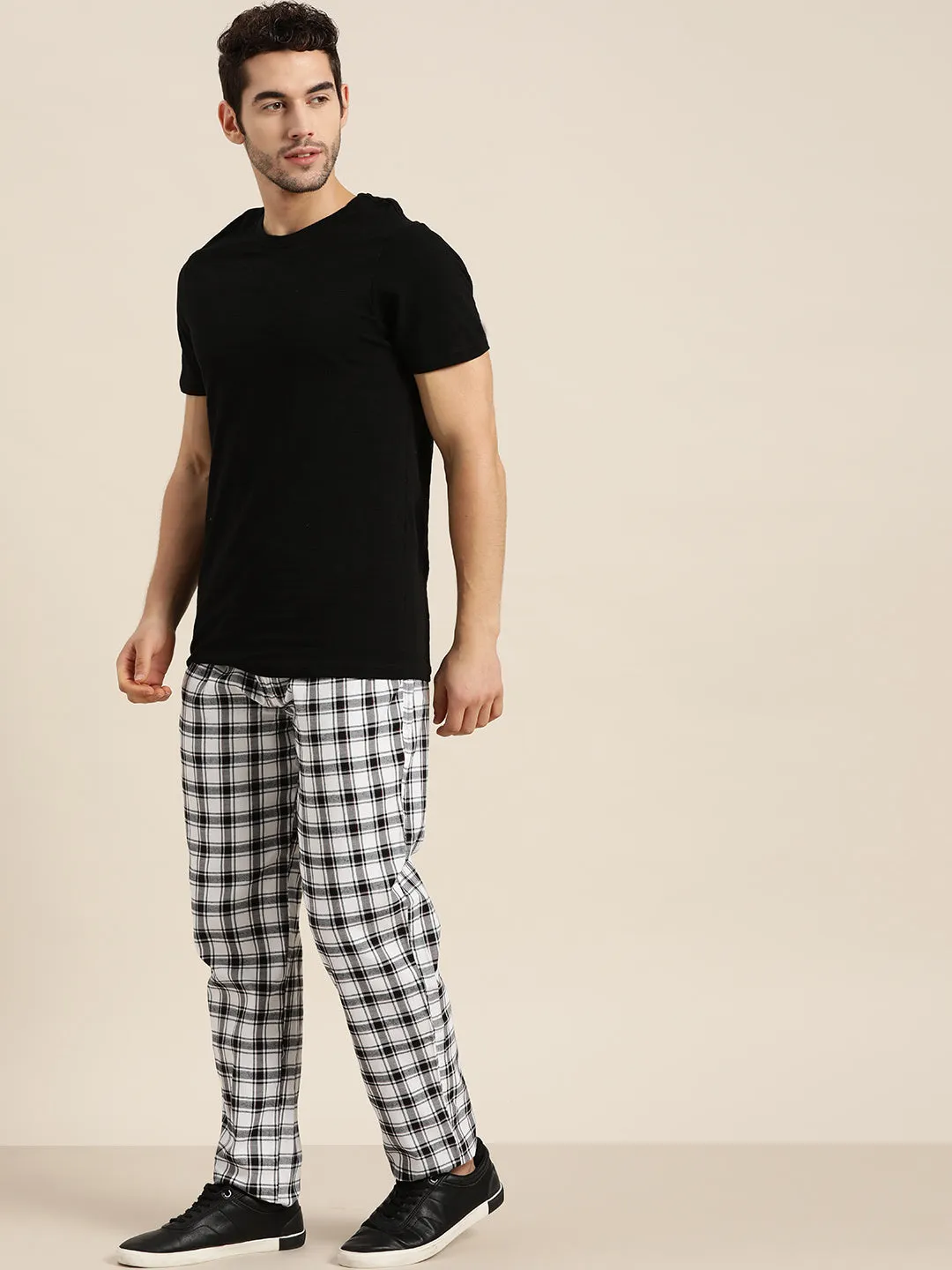 Men's Cotton White & Black Checked Track Pant  - Sojanya