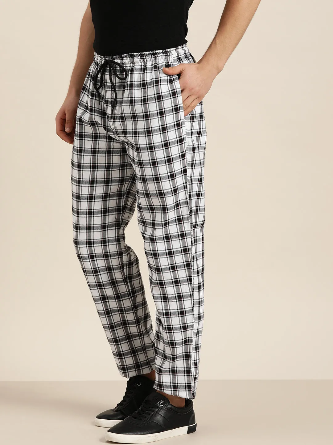 Men's Cotton White & Black Checked Track Pant  - Sojanya