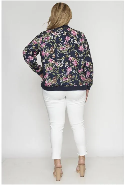 Navy Blue Floral Plus Size Bomber Jacket