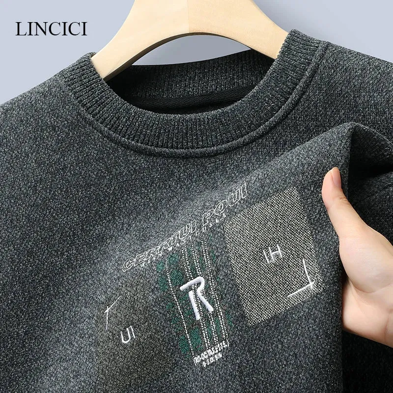 New Men's Sweater with Thick Velvet for Warmth Round Neck Letter Embroidered Knitted Inner Undercover