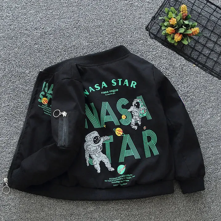 New Spring Autumn Baby Boys Casual Thin Coat Black Blue Letter Print Stand Neck Open Stitch Bomber Jacket Kids Clothes E48711