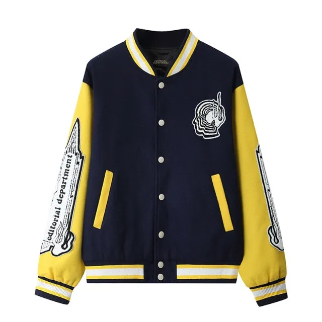 Original Flocking Embroidery Baseball Jacket Men and Women Color Match Oversize Windbreaker Bomber Jacket Loose Hip Hop Coat