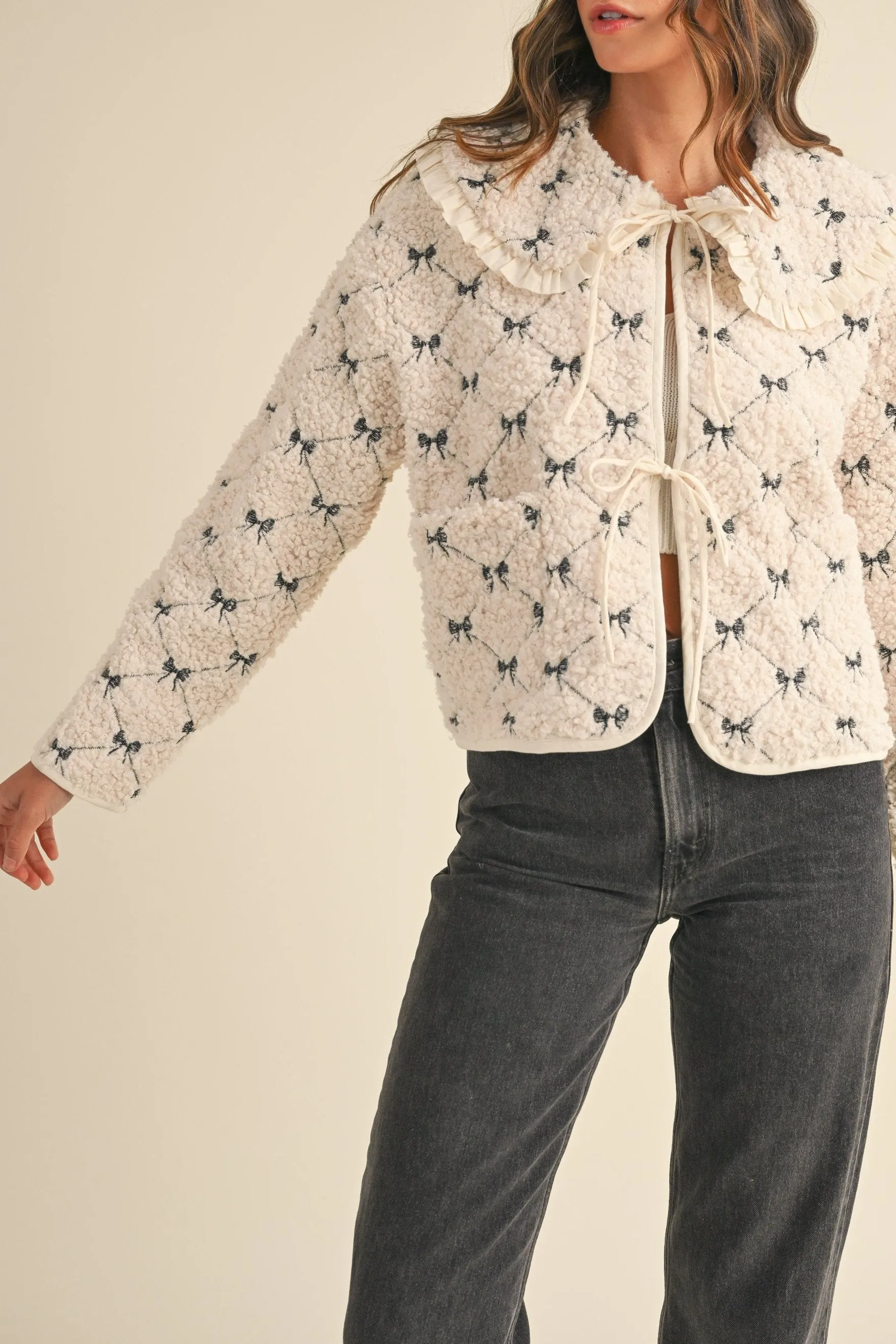 Peter Pan Bow Embroidery Quilted Sherpa Jacket