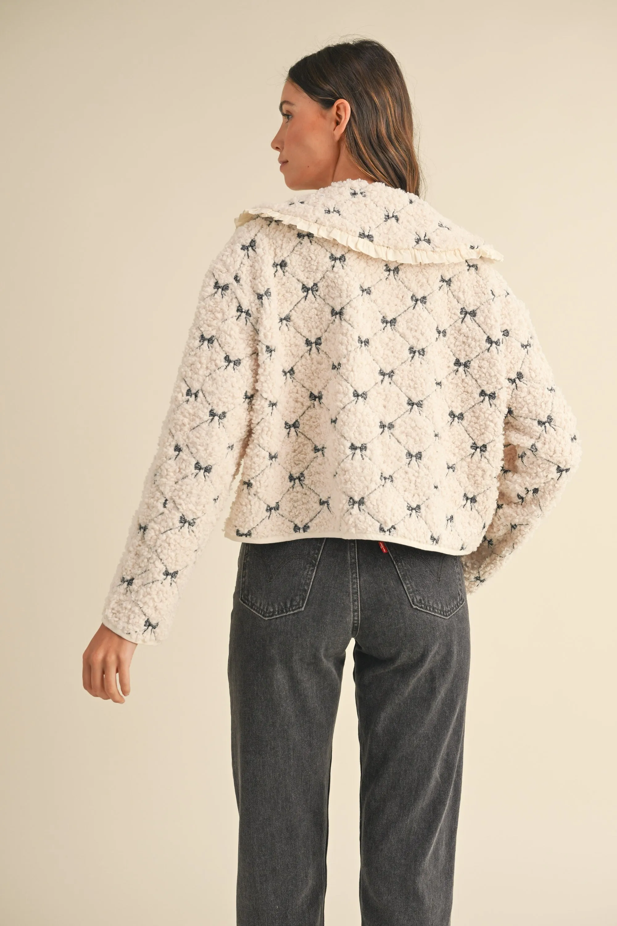 Peter Pan Bow Embroidery Quilted Sherpa Jacket