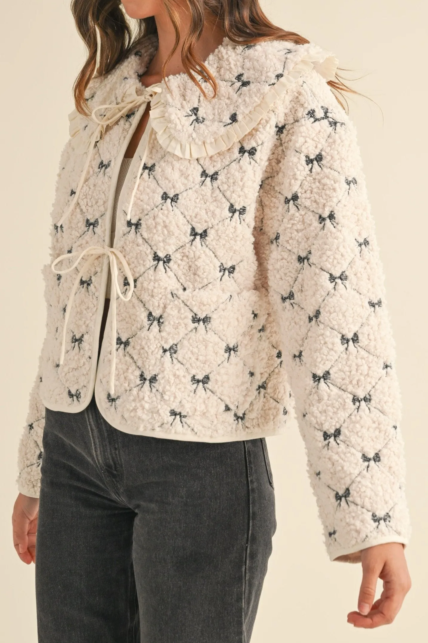 Peter Pan Bow Embroidery Quilted Sherpa Jacket
