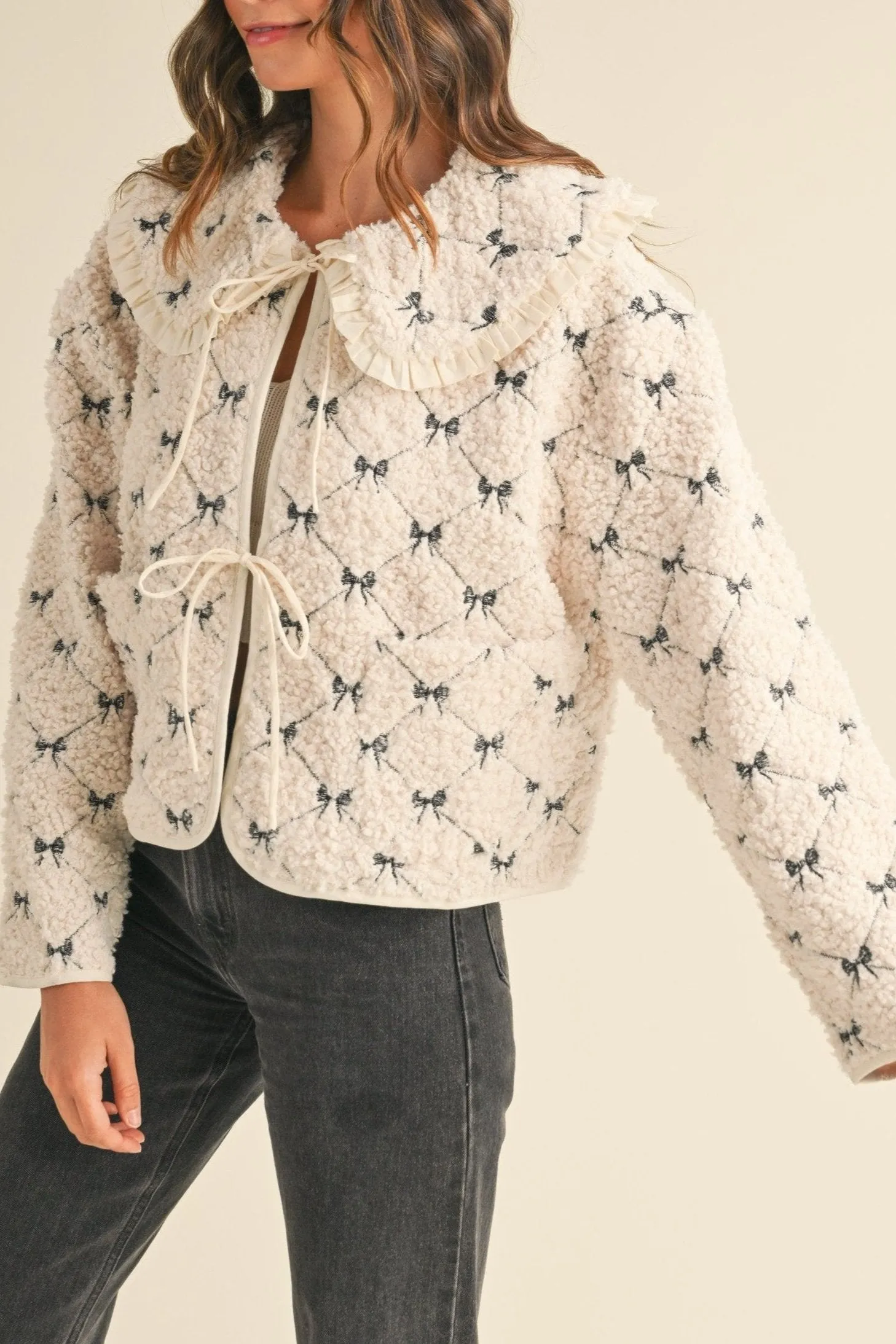 Peter Pan Bow Embroidery Quilted Sherpa Jacket