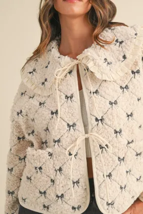 Peter Pan Bow Embroidery Quilted Sherpa Jacket