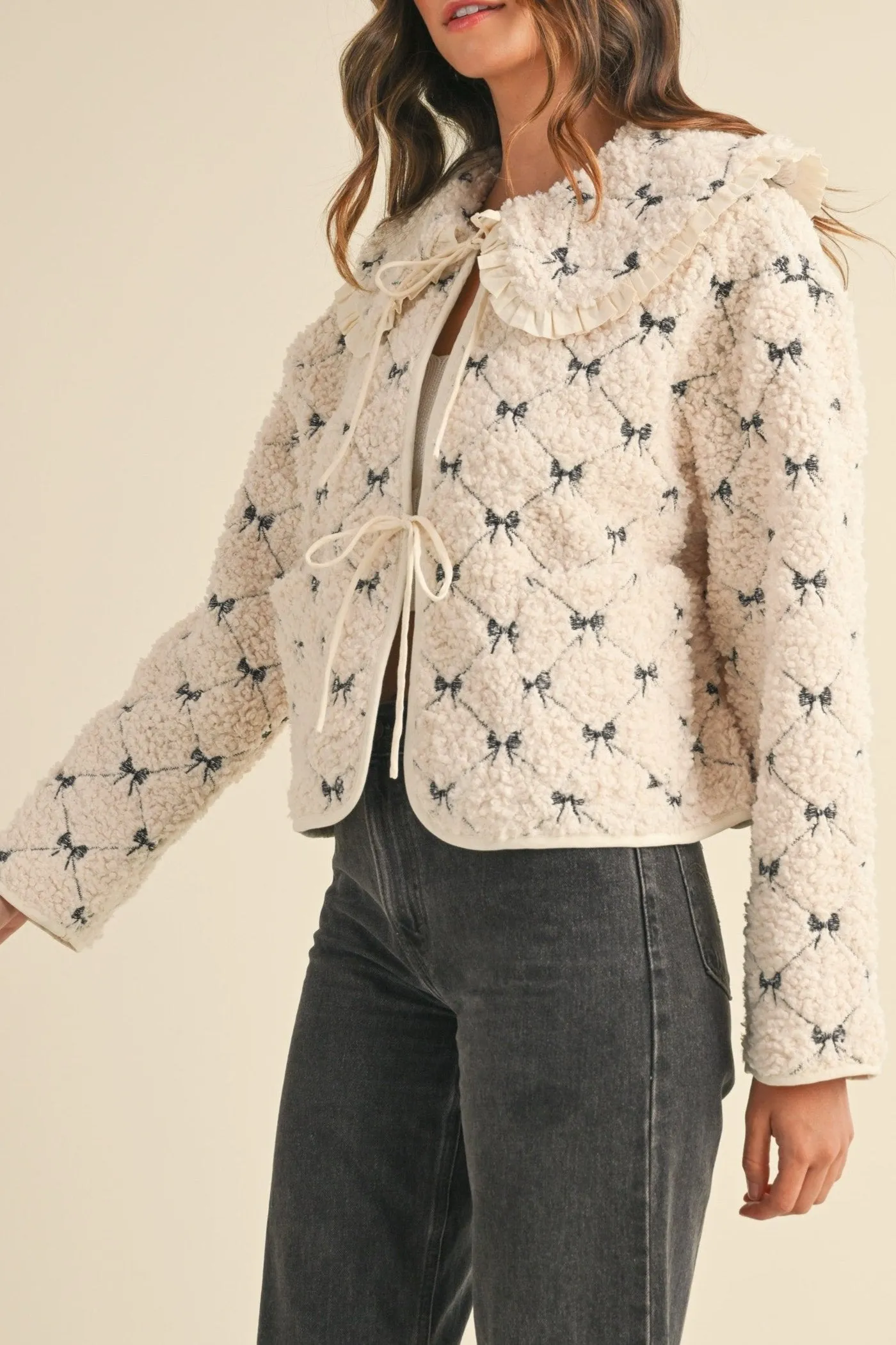 Peter Pan Bow Embroidery Quilted Sherpa Jacket