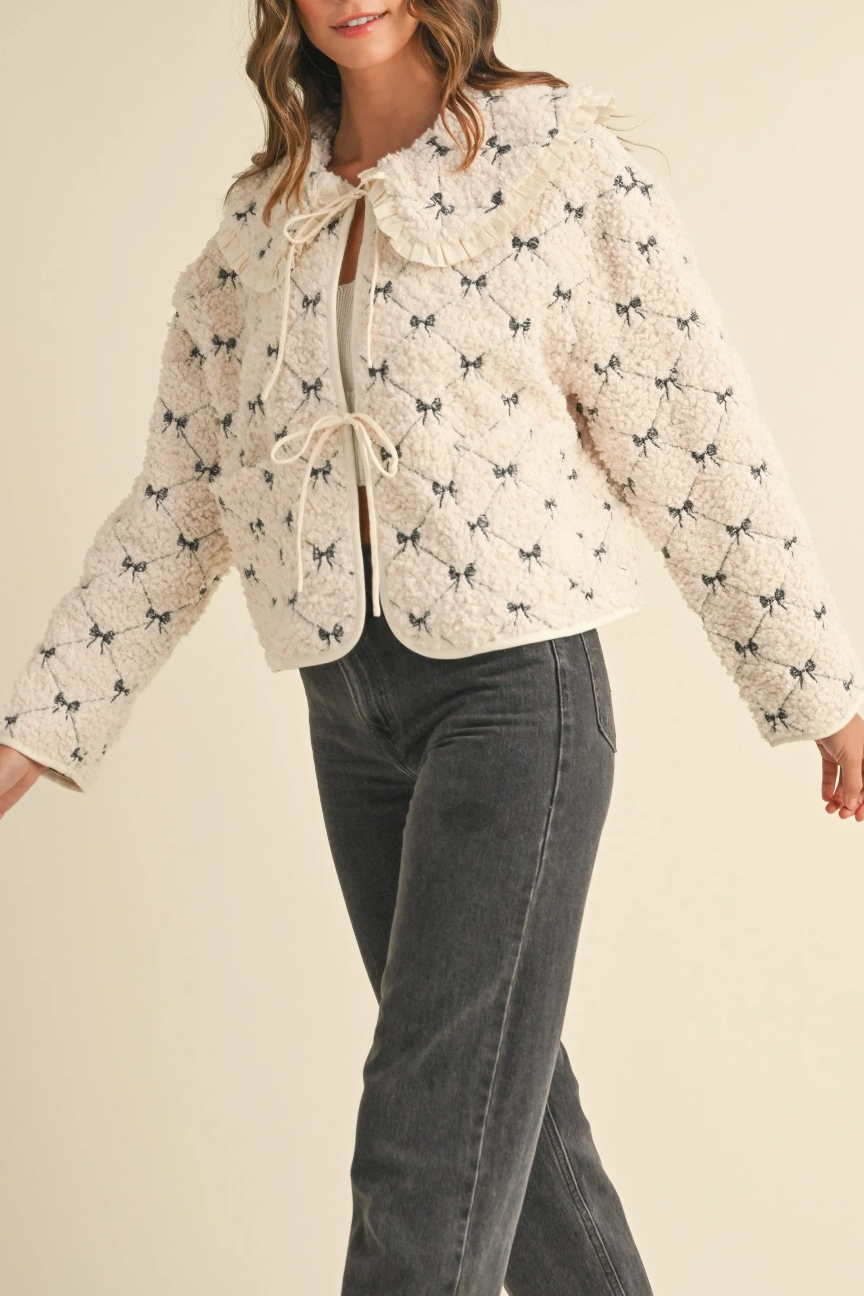 Peter Pan Bow Embroidery Quilted Sherpa Jacket
