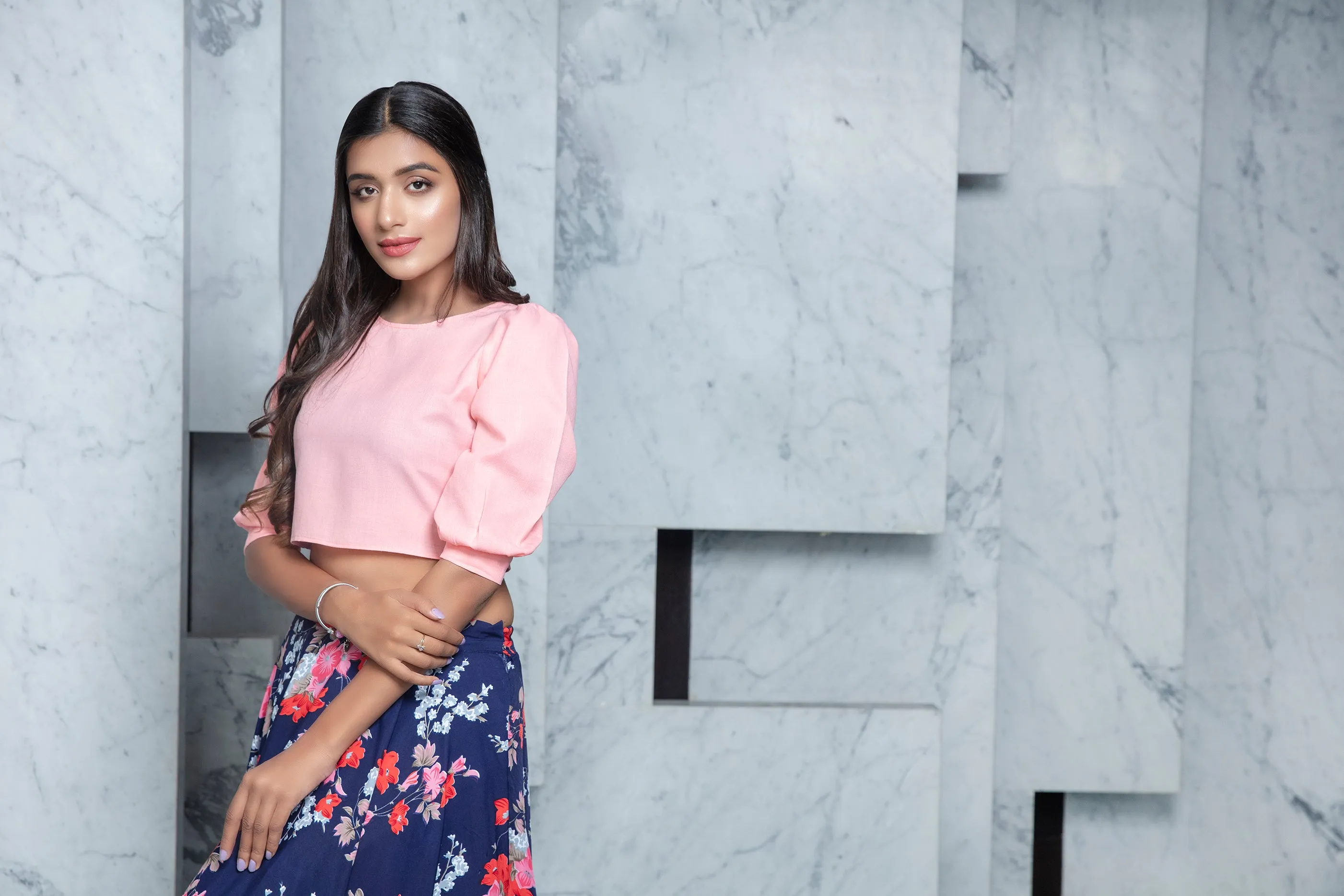 Readymade Navy Blue Printed Crepe Indo Western Skirt With Pink Crop Top